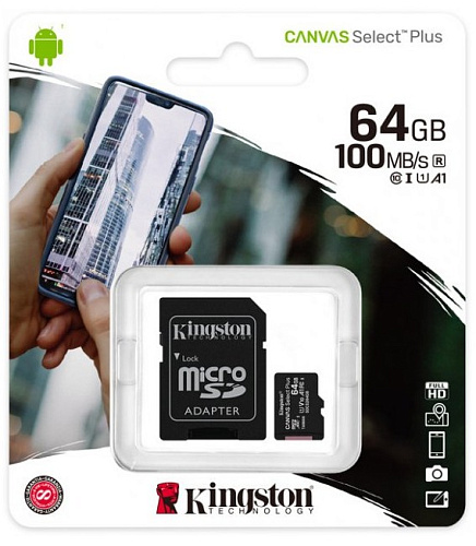 Карта памяти  64GB Micro-SDXC Kingston Canvas Plus A1+SD Class 10 UHS-1