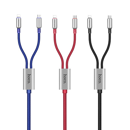 Дата-кабель USB 2.4A 2in1 для Lightning & Micro Hoco capsule one pull U17 нейлон 1.5м